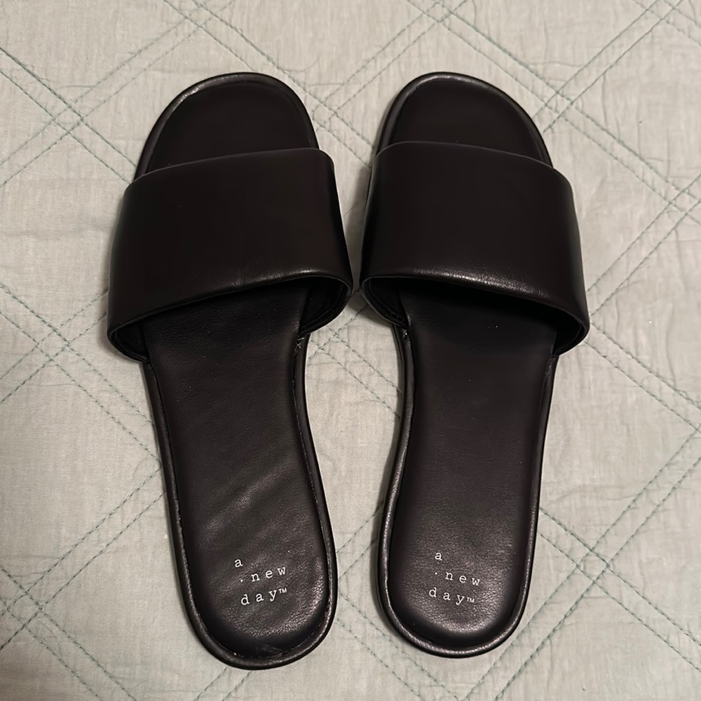 Brand new pleather black slides